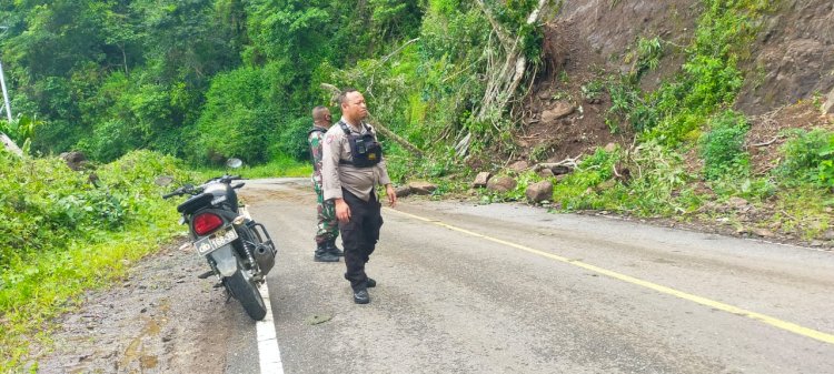 Bhabinkamtibmas dan Babinsa Pantau Dampak Longsor di Jalan Reo-Ruteng, Desa Kentol